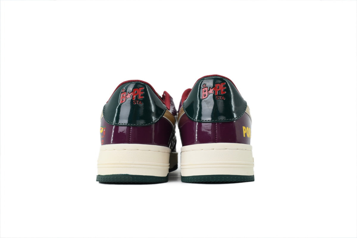 A BATHING APE BAPE STA Glossy Burgundy & Forest Green Eye-Graphic Sneakers | Women's & Men's Skate-Inspired Shoes