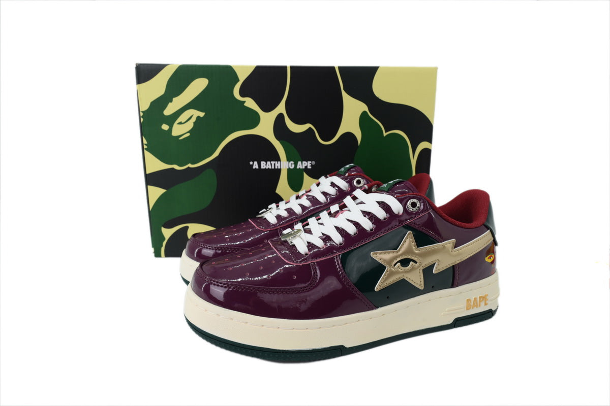 A BATHING APE BAPE STA Glossy Burgundy & Forest Green Eye-Graphic Sneakers | Women's & Men's Skate-Inspired Shoes