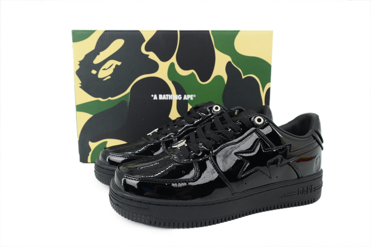 A BATHING APE BAPE STA Glossy All Black Tonal-Star Sneakers | Women's & Men's Skate-Inspired Shoes
