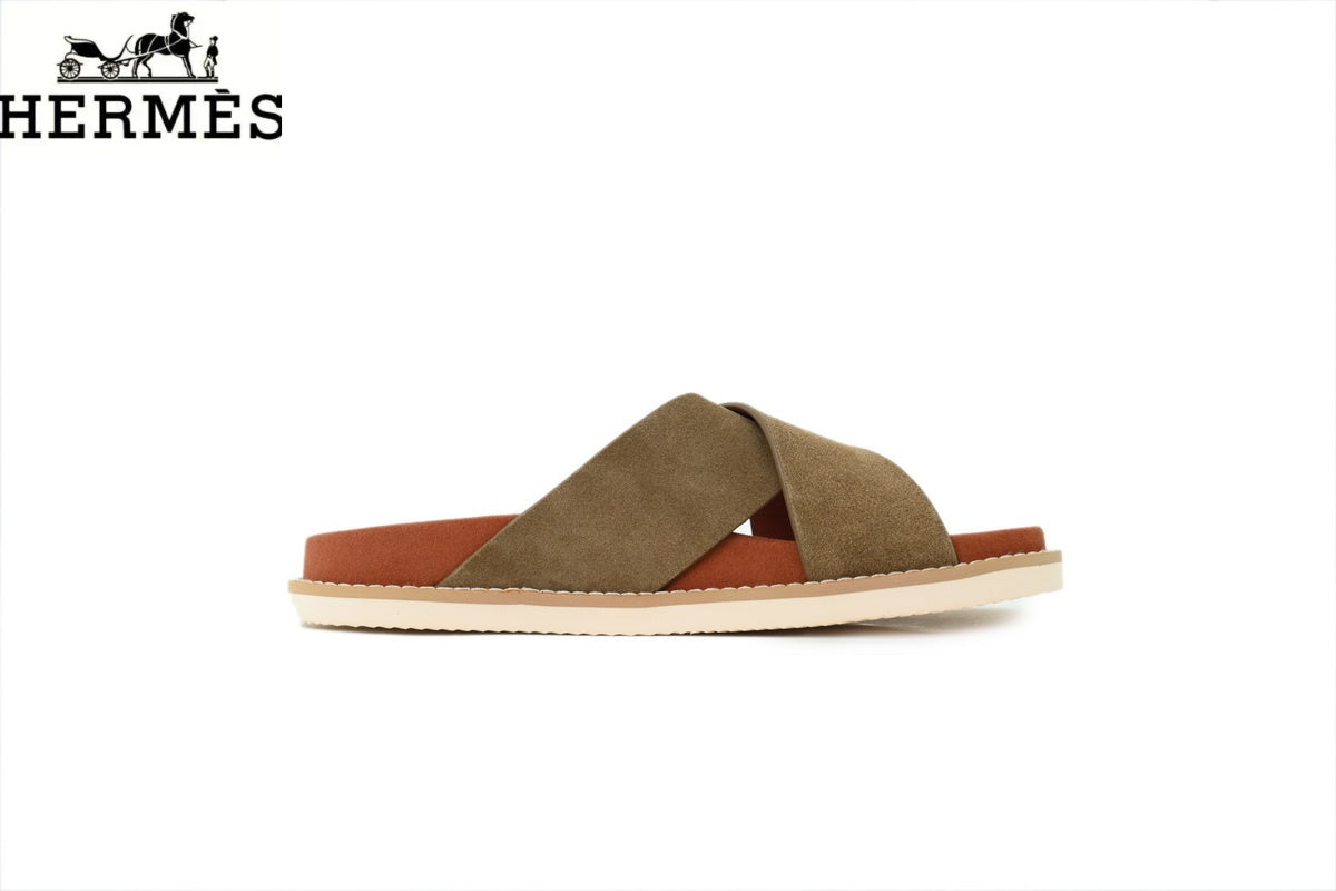 Herm¨¨s Olive Green Suede Cross-Strap Slide Sandal