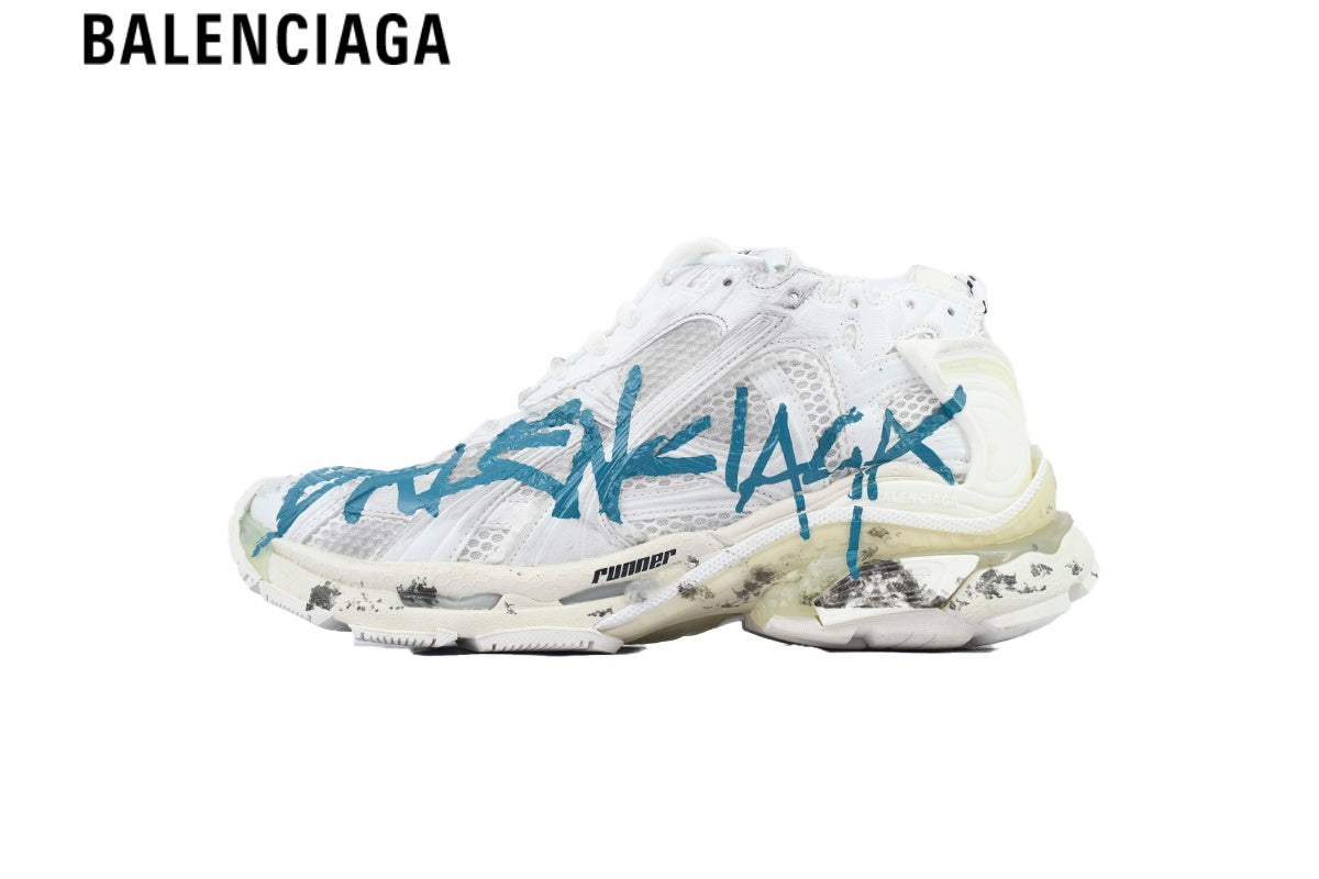 Balenciaga Runner men's shoes  women sneakers ¡ª White Mesh & Blue Graffiti Print