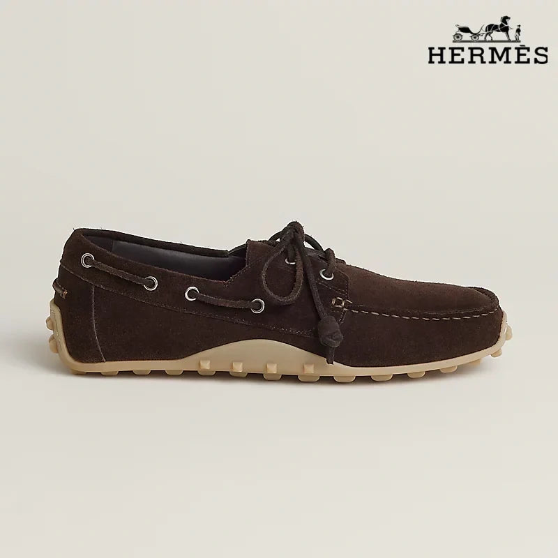 Herm¨¨s Dark Brown Suede Lace-Up Driving Shoe with Gum Sole