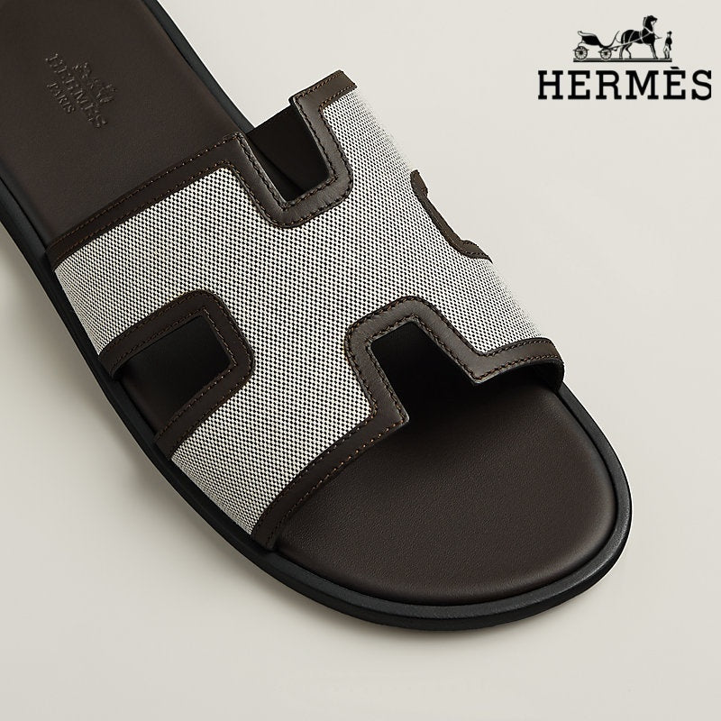 Herm¨¨s Izmir Beige Canvas Slide Sandals with Leather Trim