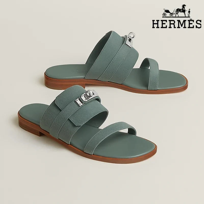 Herm¨¨s Sage Green Suede Slide Sandals with Silver Kelly Buckle