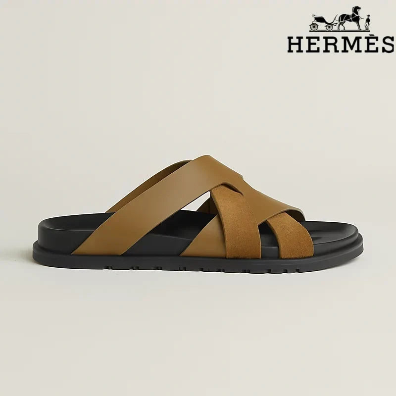 Herm¨¨s Brown Leather and Suede Cross-Strap Slide Sandals