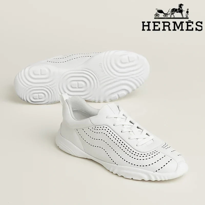 Herm¨¨s womens shoes men sneaker White Perforated Leather Sneakers